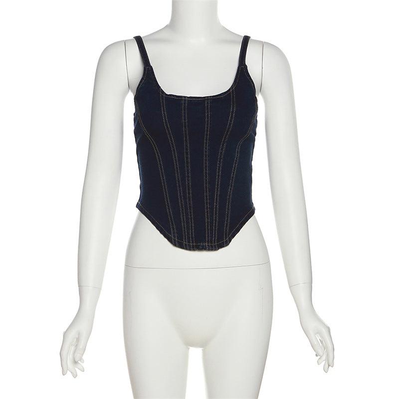 Women's Retro Solid Color Denim Vest Sexy Low-cut Slimming Camisole - Trendha
