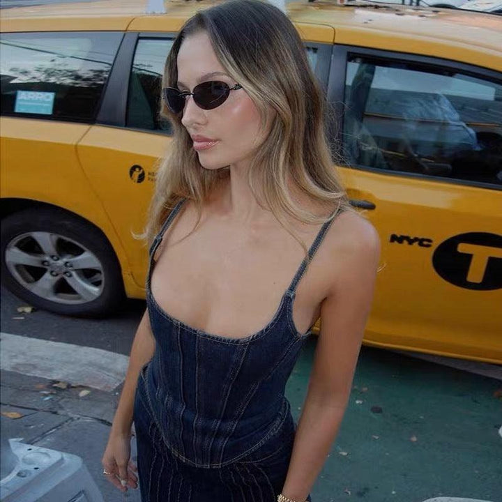 Women's Retro Solid Color Denim Vest Sexy Low-cut Slimming Camisole - Trendha