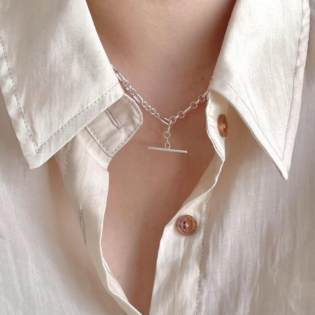 Women's Simple Sterling Silver Pearl Chain Necklace
