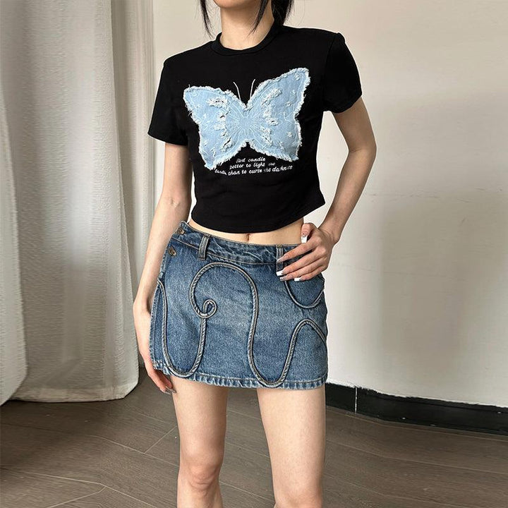Women's Summer Hot Girl Cropped Printed Top Butterfly Embroidered T-shirt - Trendha