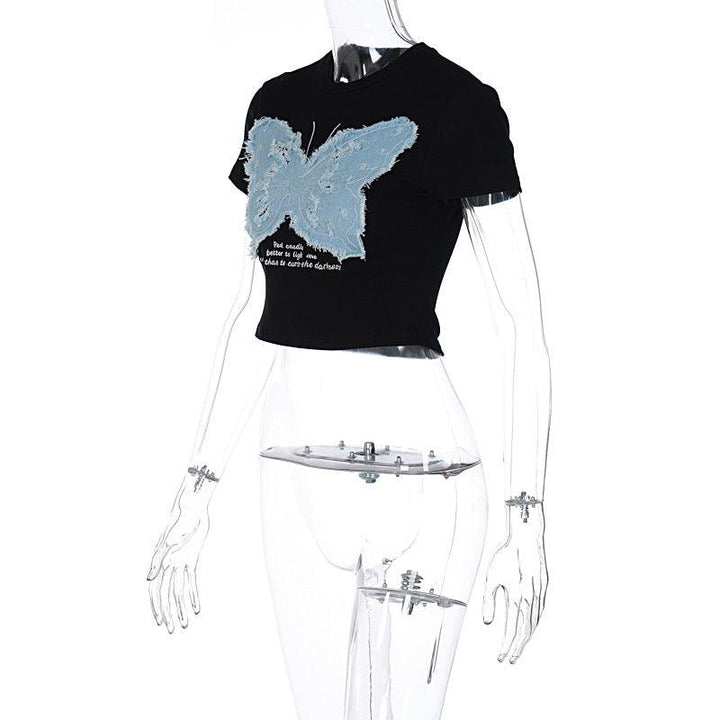 Women's Summer Hot Girl Cropped Printed Top Butterfly Embroidered T-shirt - Trendha