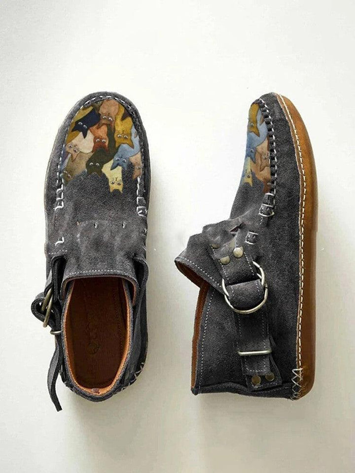 Winter New Female Comfort Cartoon Cat Print Leather Button Casual Flat Ankle Boots - 6 Purple - Trendha