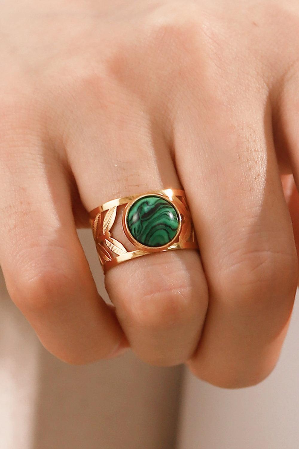 18k Gold Plated Malachite Leaf Ring - Trendha