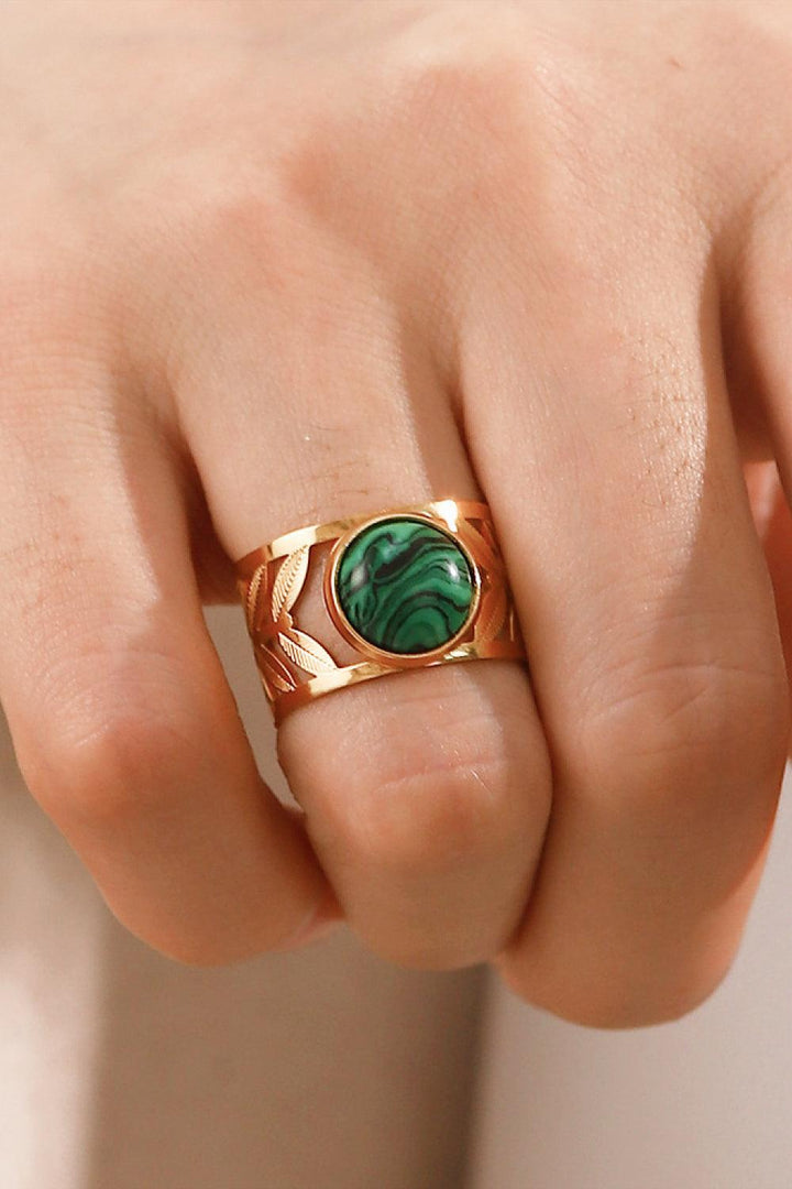 18k Gold Plated Malachite Leaf Ring - Trendha