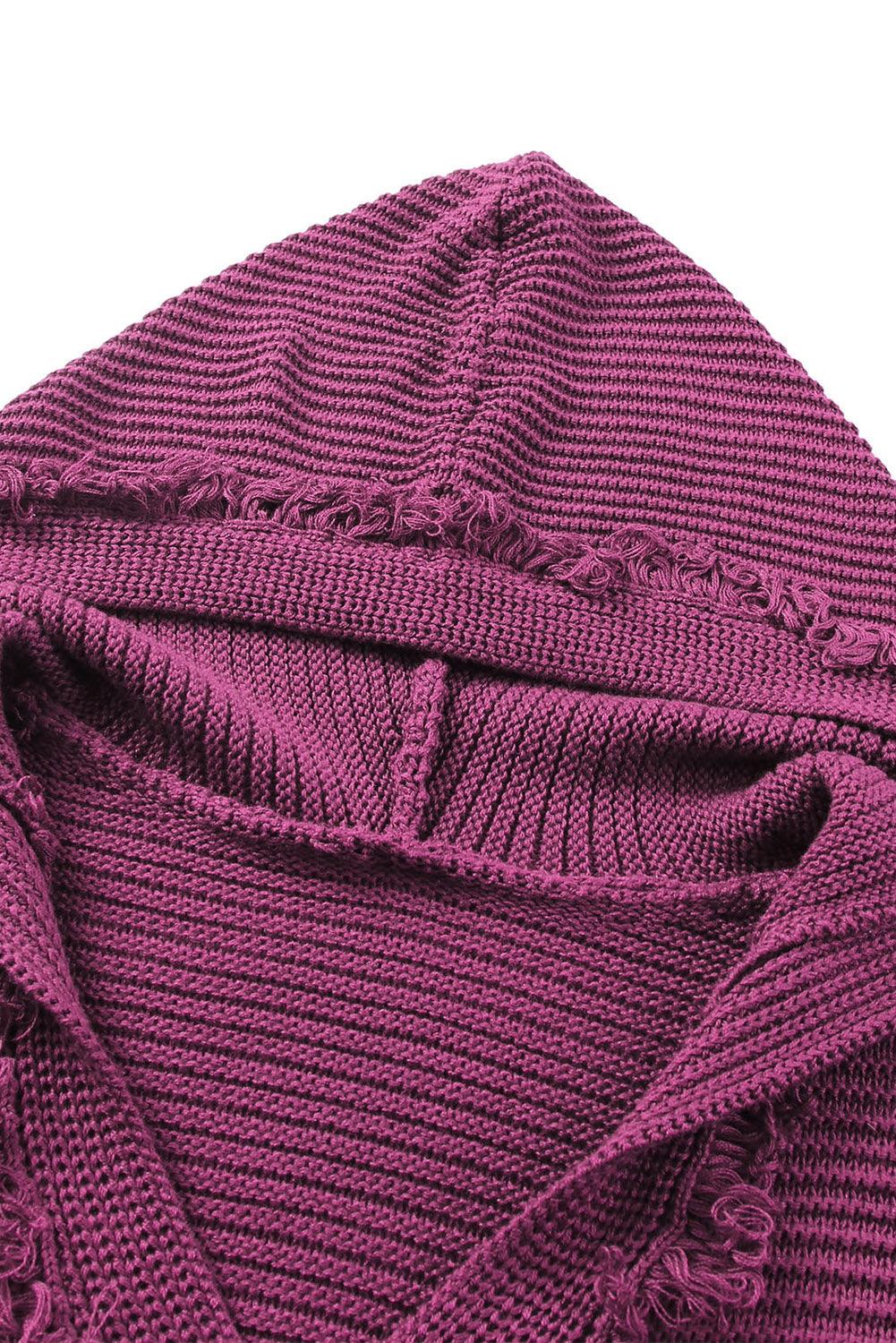 Horizontal Ribbing Fringe Trim Hooded Sweater - Trendha