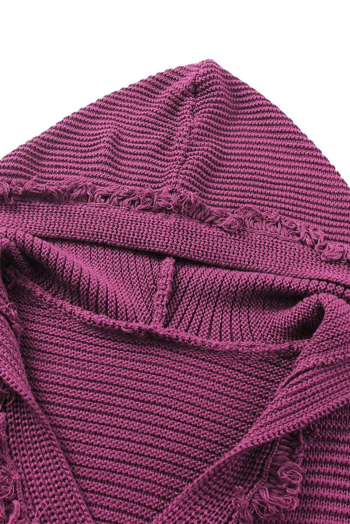 Horizontal Ribbing Fringe Trim Hooded Sweater - Trendha