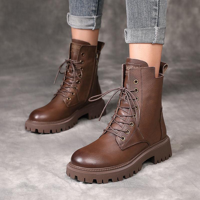 British Thick-soled Lace and Velvet Mid-cut Knight Boots