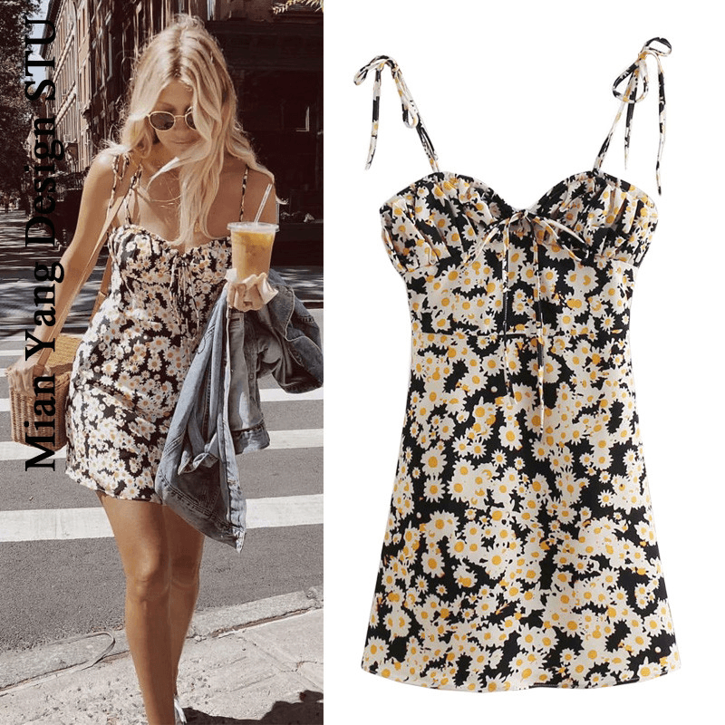 Daisy Print Strappy Mini Dress