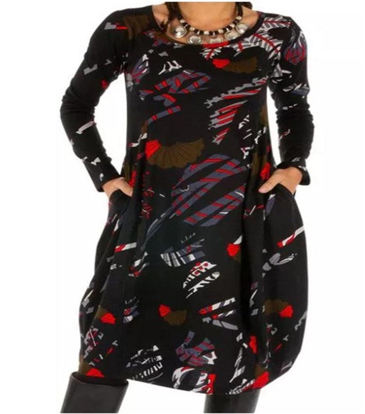 Spring New Printed Pocket Long Sleeve Lantern Skirt