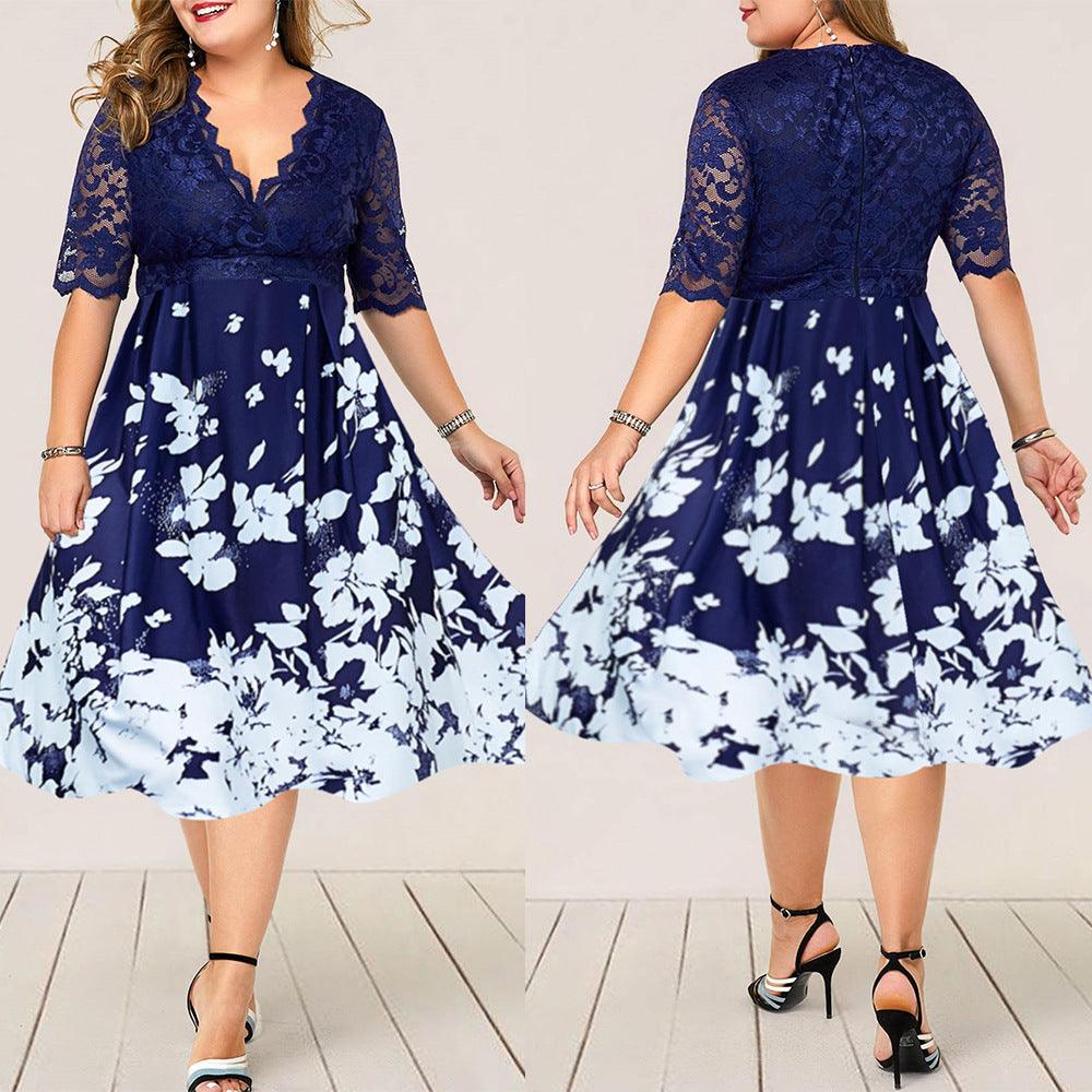 Large Size Digital Printing Lace Stitching Dress