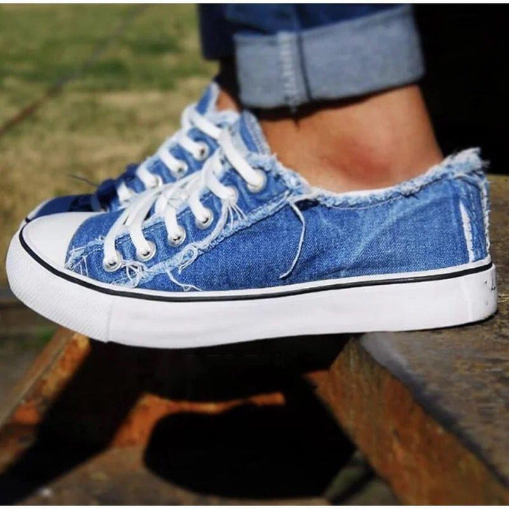Women's Large Size Lace-Up Canvas Sneakers with Thick Soles and Denim Design - Trendha