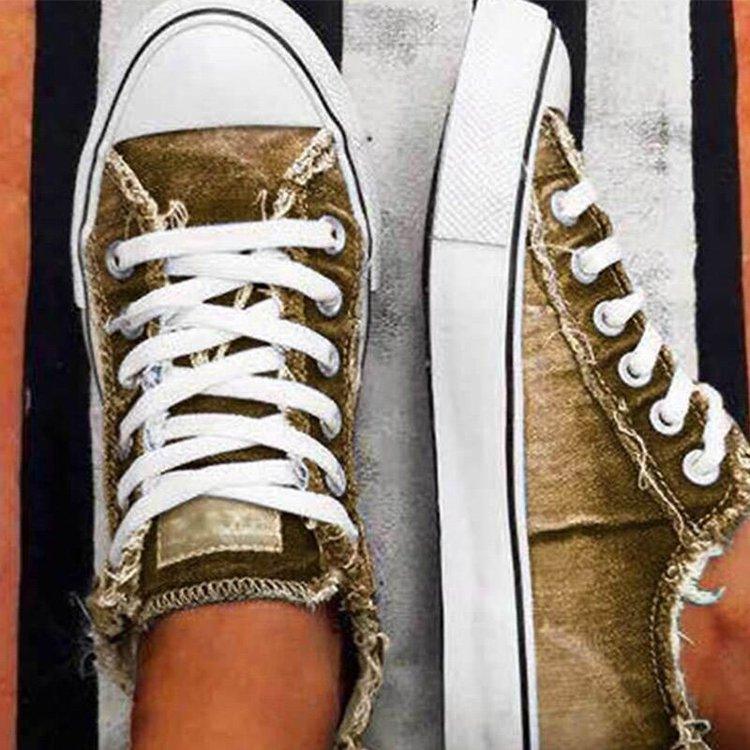 Women's Large Size Lace-Up Canvas Sneakers with Thick Soles and Denim Design - Trendha