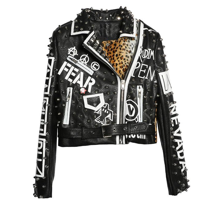 Printed Rivet Leopard Print Stitching Short Motorcycle Leather Jacket - Trendha