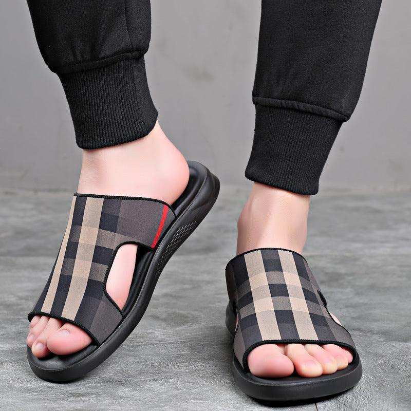 Men's Check-Pattern Open-Toe Slides