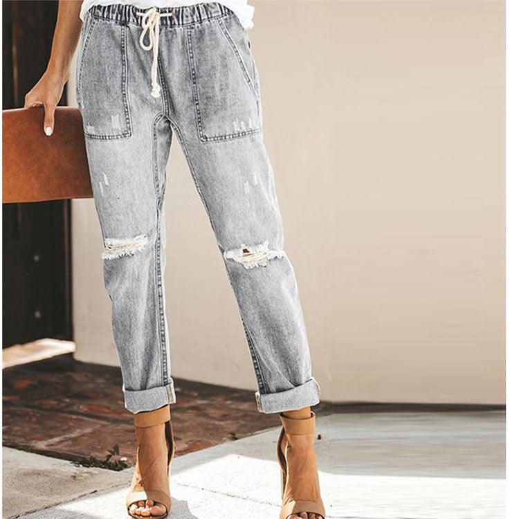 Cross-Border Women's Jeans Fashion Casual Street Hipster Korean Style Straight Leg Pants Ripped Trousers