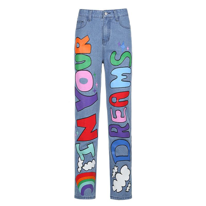 Sexy Contrast Color Letters Graffiti Print Loose Jeans - Trendha