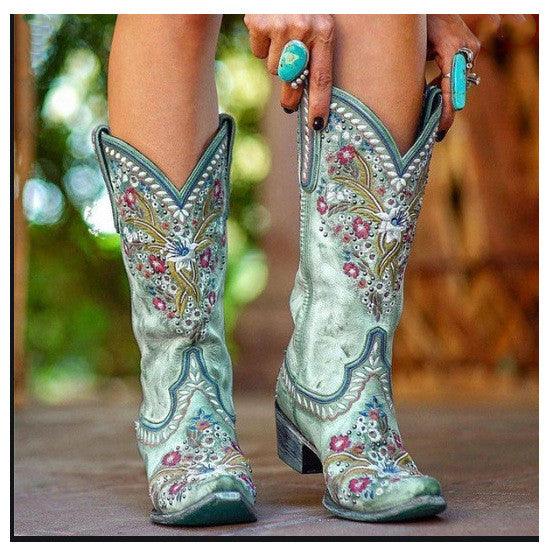 Mid-Heel Ethnic Embroidered Mid-Tube Women's Boots - Trendha