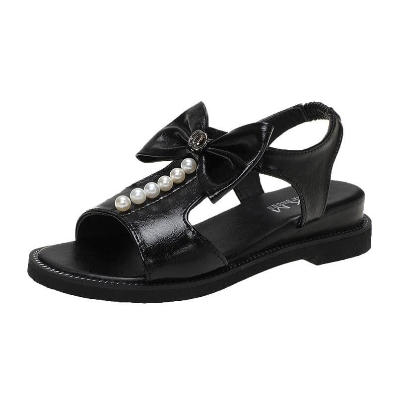 Soft-sole Bowknot Fish Mouth Beaded Flat-heel Beach Sandals