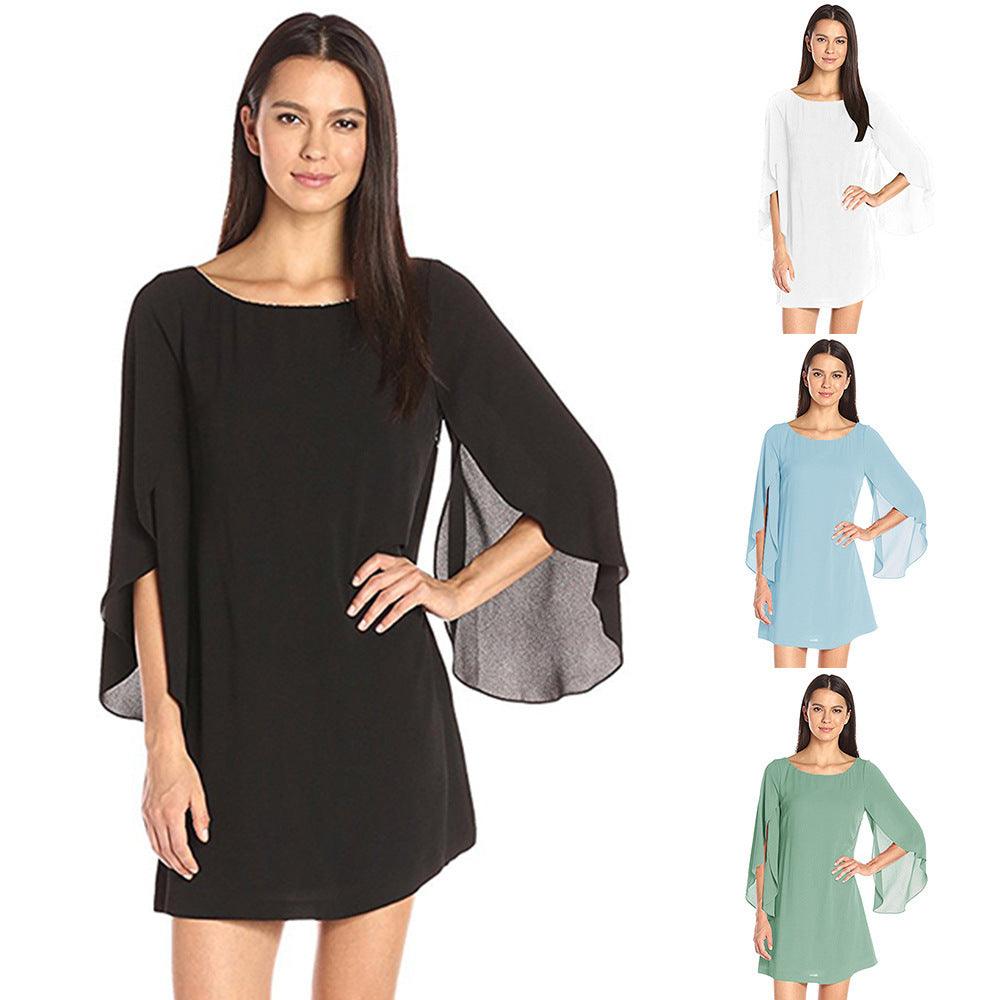 Women's Round-Neck Dress with Split Chiffon Sleeves