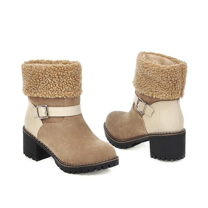 Women's Short Boots With Round Toe Thick Heel Belt Buckle - Trendha