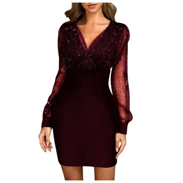 Women's autumn long-sleeved stitching V-neck mesh dress - Trendha