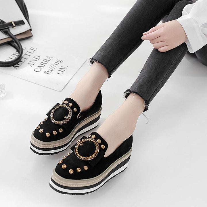 Rhinestone Striped Platform Platform Shoes Round Toe Metal Buckle Wedge Shoes - Trendha