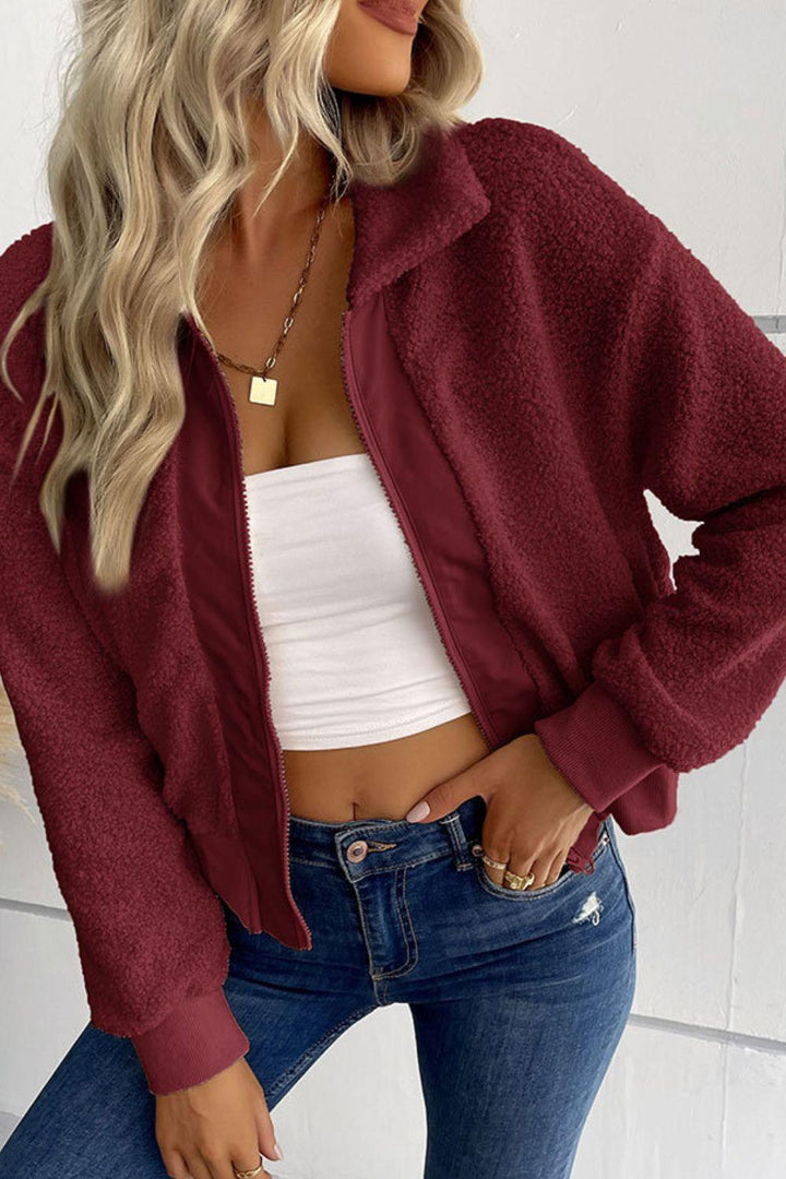 Zip-Up Sherpa Collared Neck Jacket with Pockets - Trendha