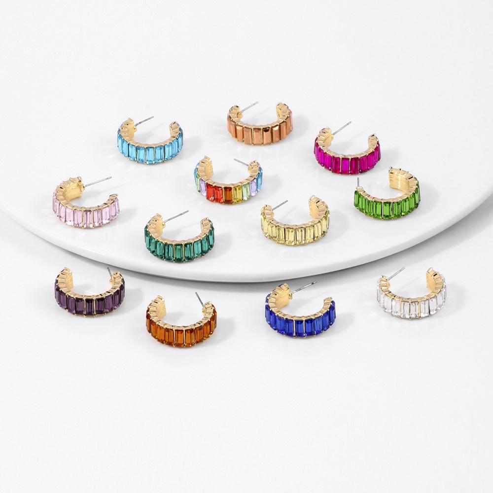 Multicolor glass diamond C-shaped earrings - Trendha