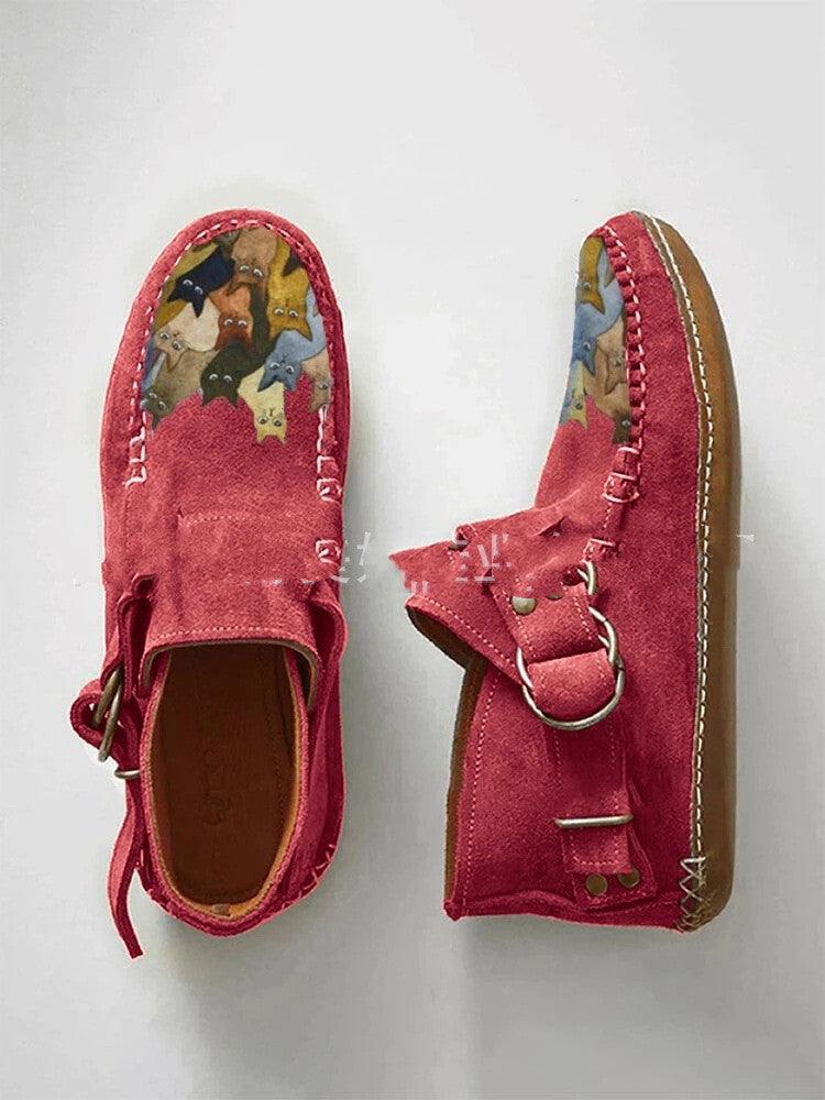 Winter New Female Comfort Cartoon Cat Print Leather Button Casual Flat Ankle Boots - 6 Purple - Trendha