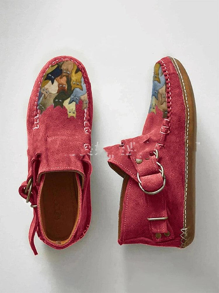 Winter New Female Comfort Cartoon Cat Print Leather Button Casual Flat Ankle Boots - 6 Purple - Trendha