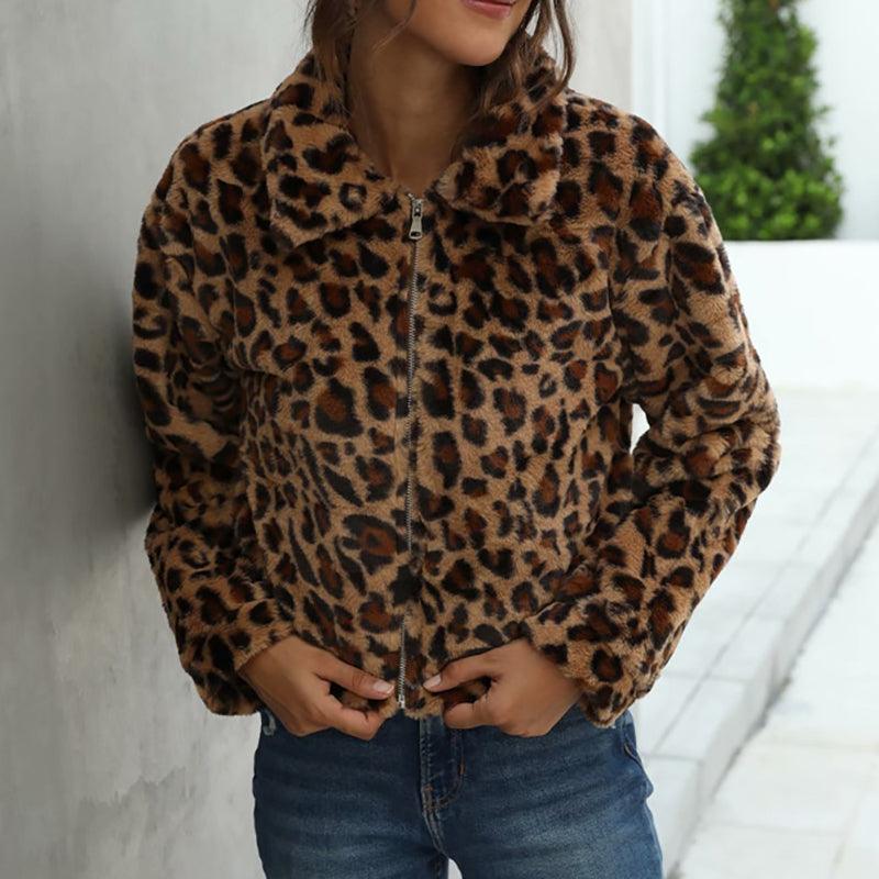 Vintage Leopard Print Lapel Zipper Slim Fit Faux Fur Cotton Jacket