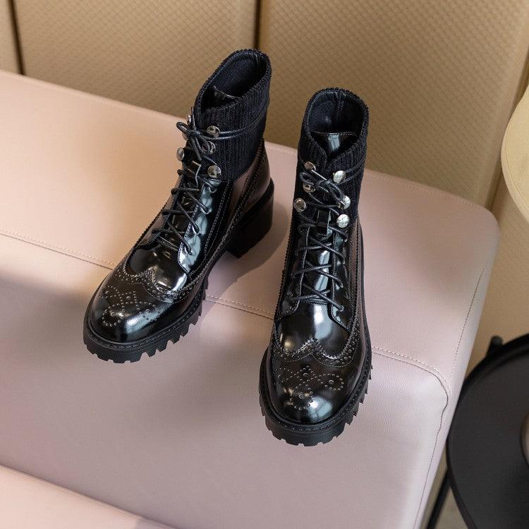 Fashion lace round toe all-match thick heel short boots - Trendha