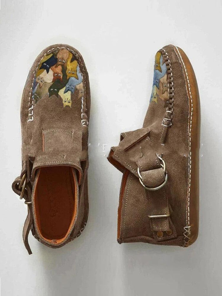 Winter New Female Comfort Cartoon Cat Print Leather Button Casual Flat Ankle Boots - 6 Purple - Trendha