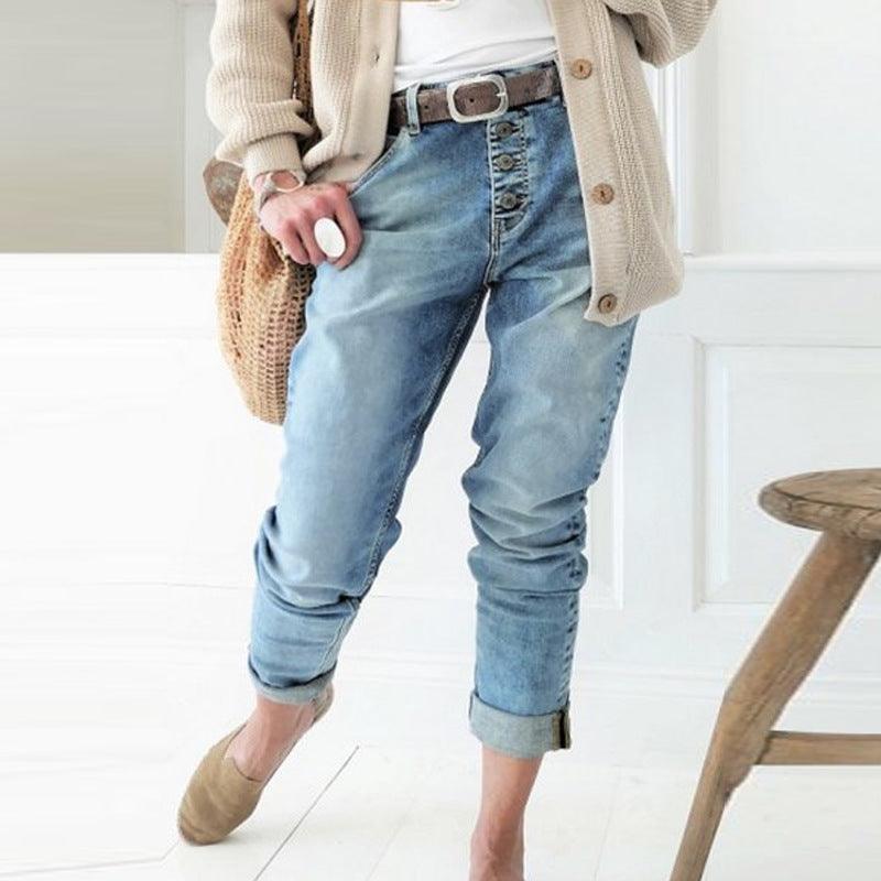 Jeans Women's Jeans Beaded Fashion Jeans Breasted Straight Jeans