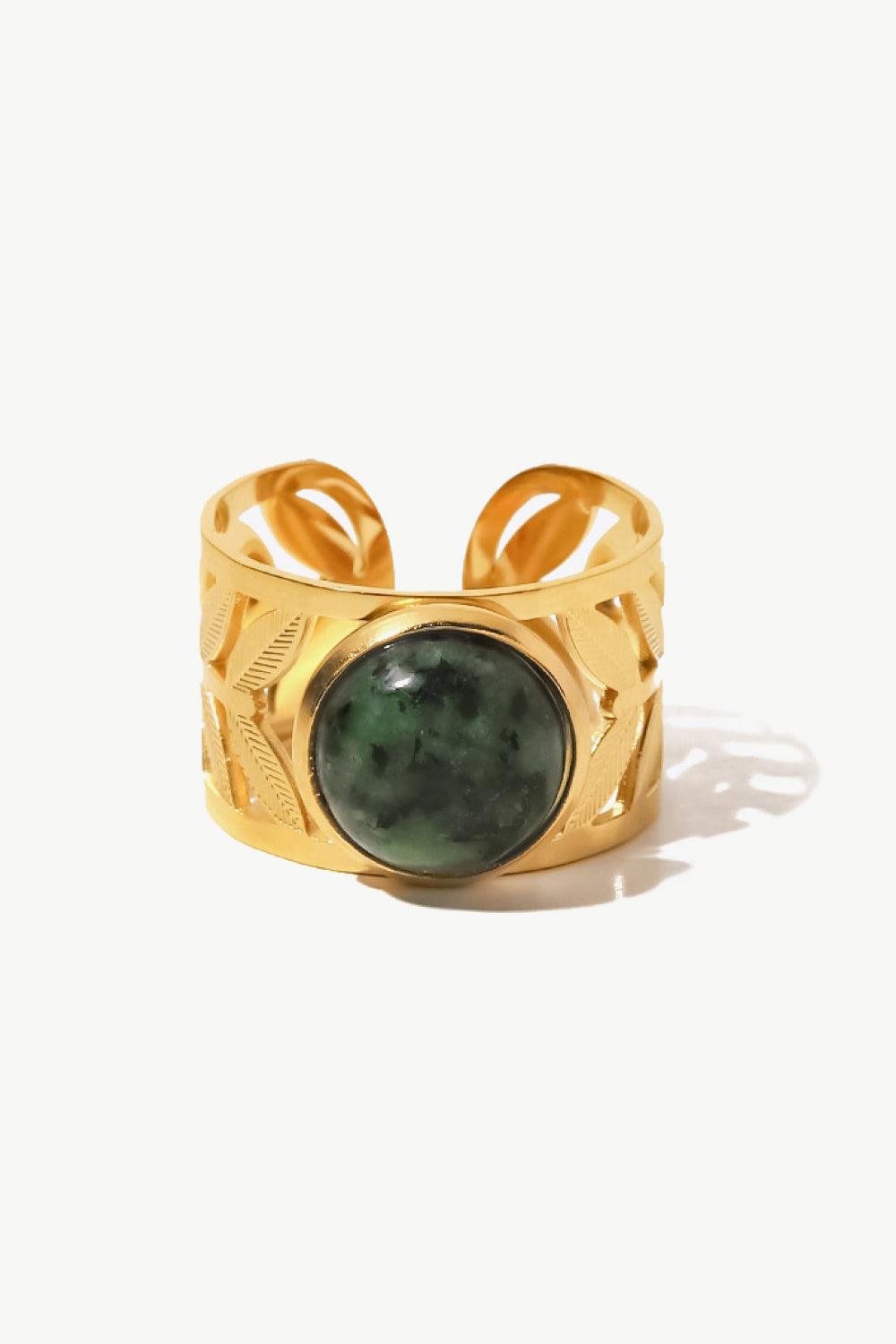 Gold-Tone Leaf-Detail Stone-Accent Ring