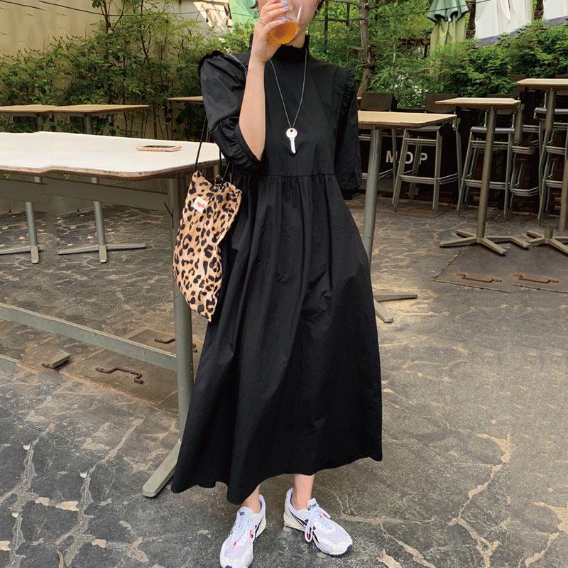 Stand-up collar dress with wood ears - Trendha