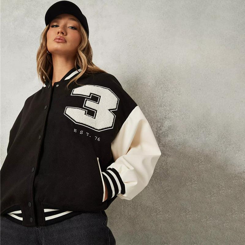 PU Stitching Contrast Loose Shoulder Baseball Jacket - Trendha