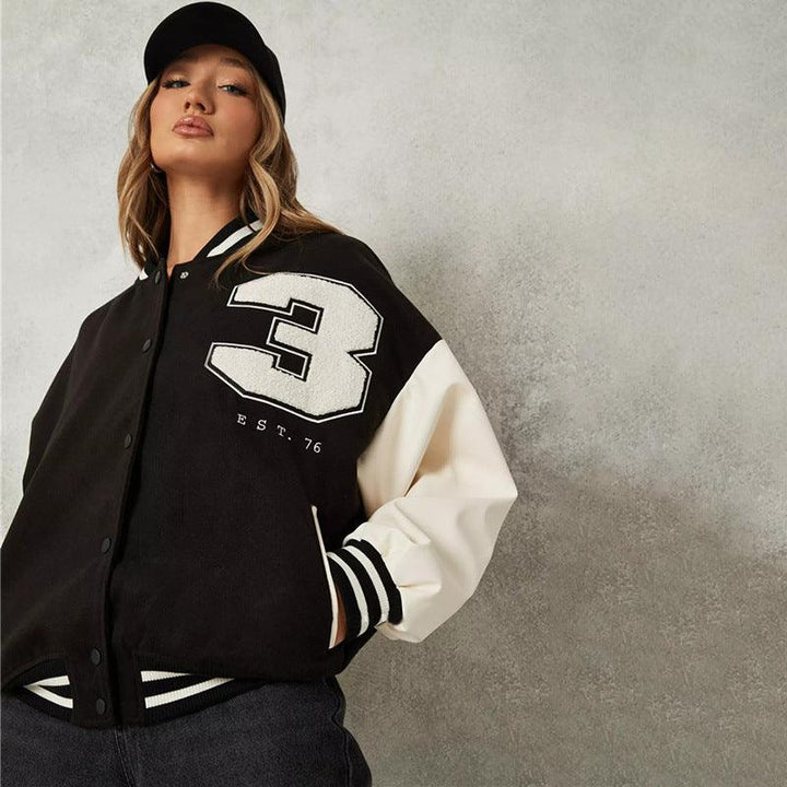 PU Stitching Contrast Loose Shoulder Baseball Jacket - Trendha