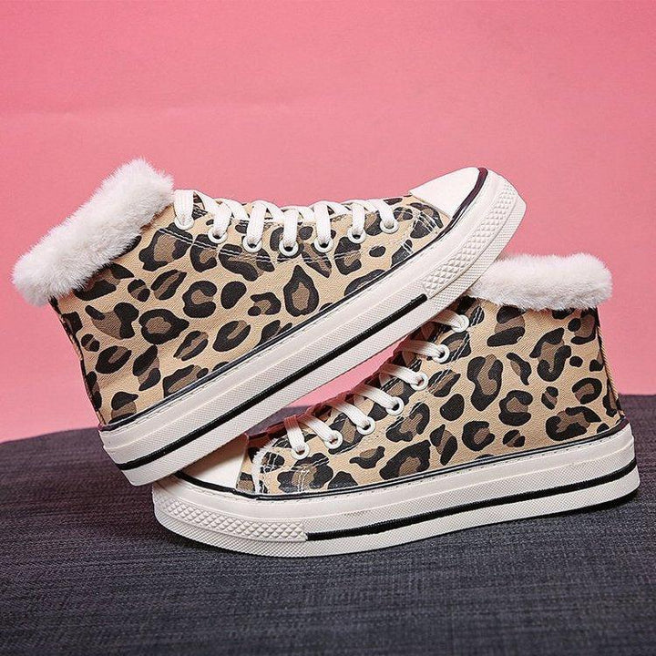 Sponge Cake Thick Bottom Korean Version Plus Velvet Thick Leopard Print Women's Sneakers - Trendha