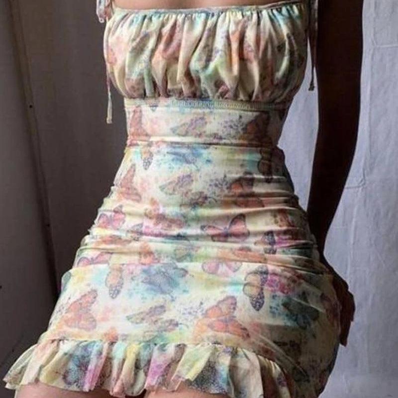 Butterfly print suspender skirt