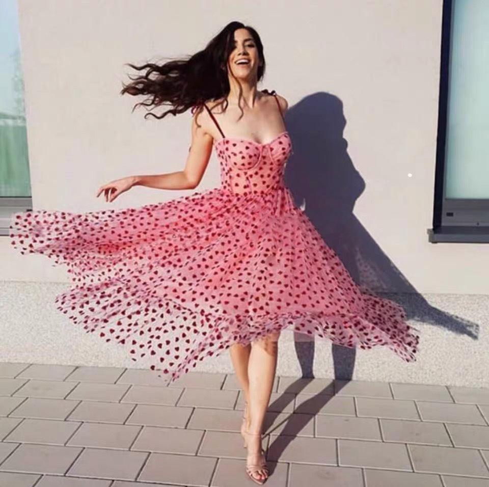 Pink Printed Dress with Thin Straps