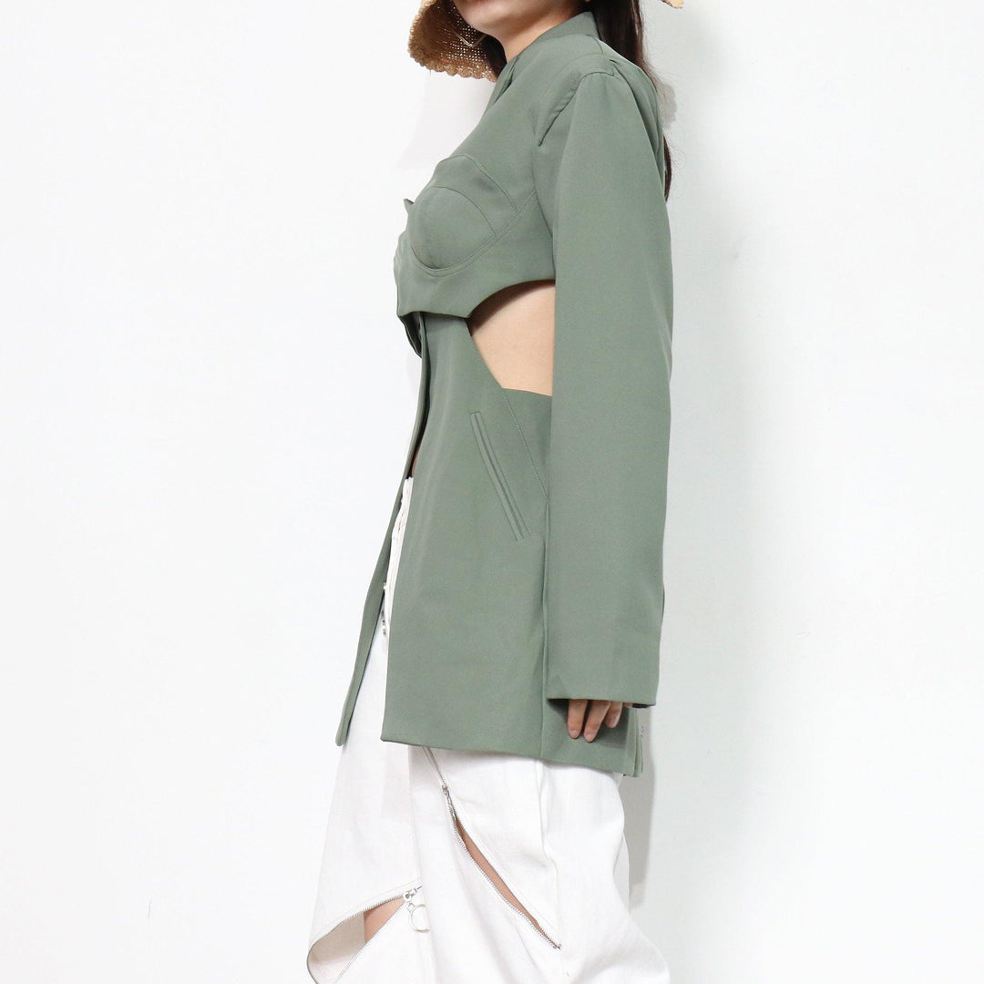 Shoulder Pad Waist Stitching Hollow Solid Color Small Suit - Trendha