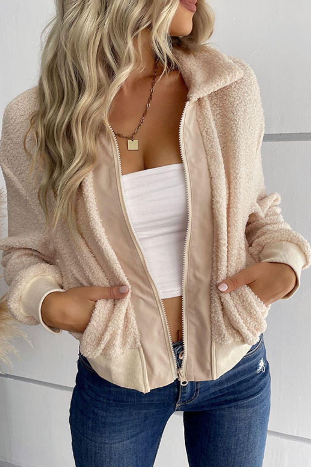 Zip-Up Sherpa Collared Neck Jacket with Pockets - Trendha