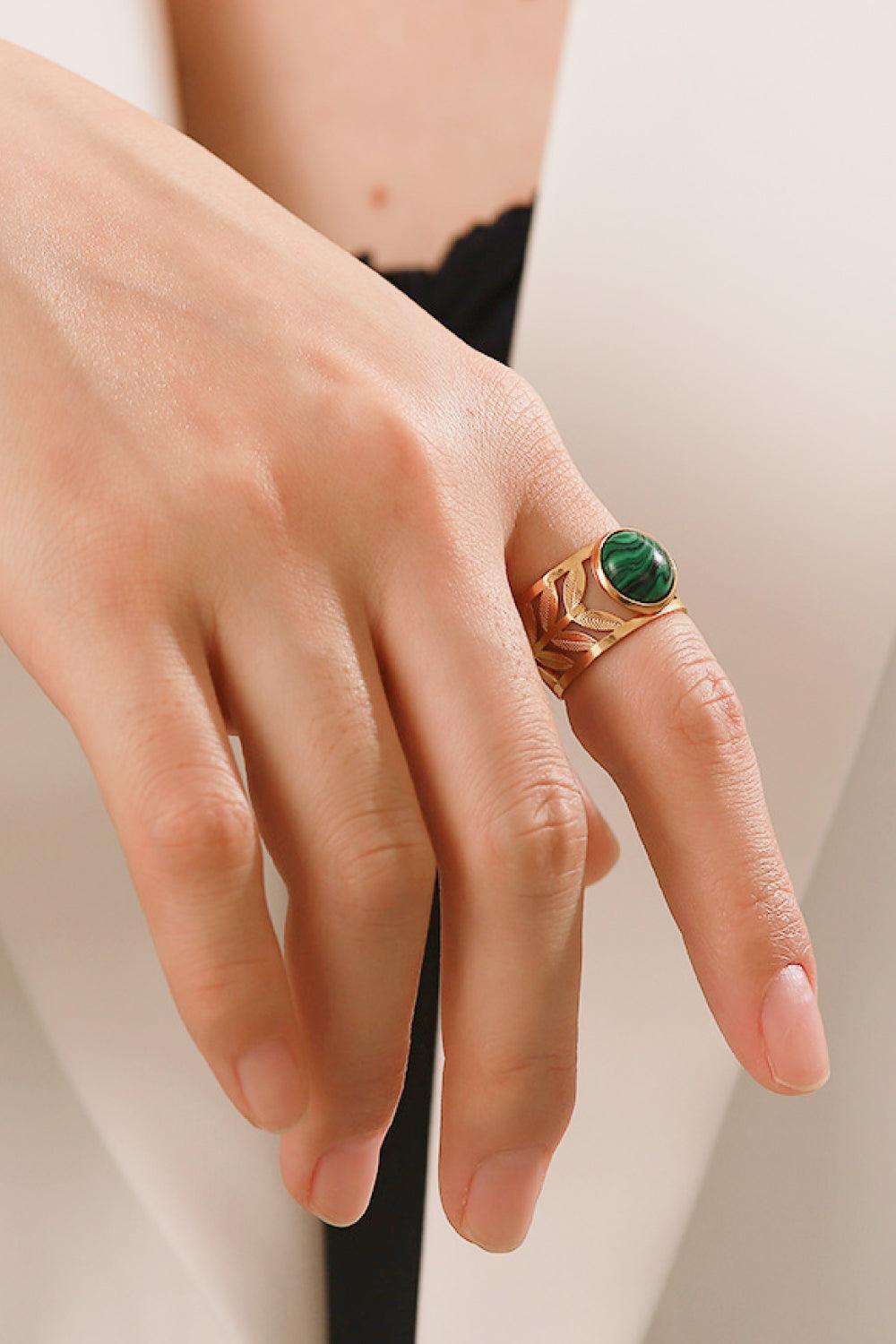 18k Gold Plated Malachite Leaf Ring - Trendha