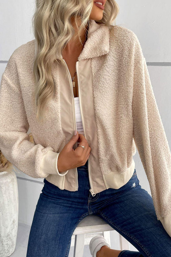 Zip-Up Sherpa Collared Neck Jacket with Pockets - Trendha