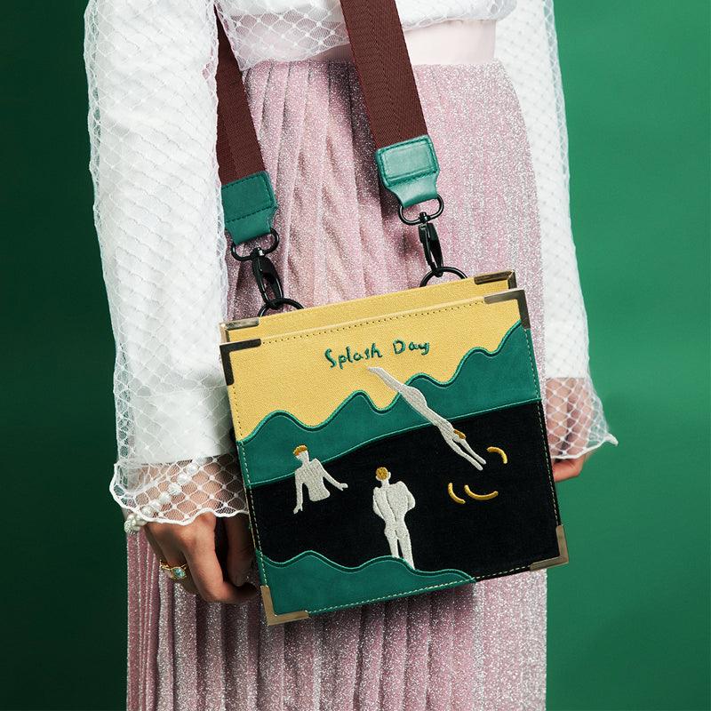 Embroidered Swimming-Scene Shoulder Bag