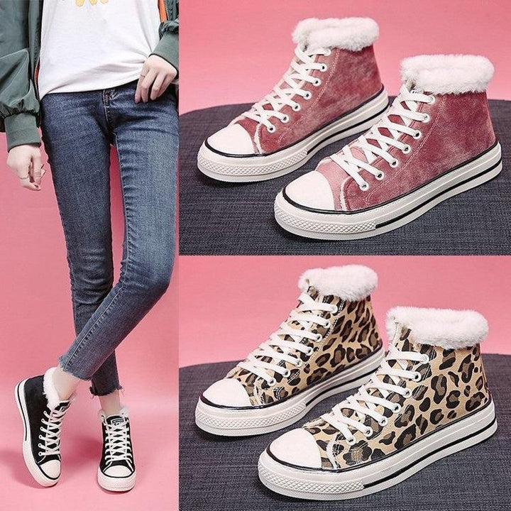 Sponge Cake Thick Bottom Korean Version Plus Velvet Thick Leopard Print Women's Sneakers - Trendha