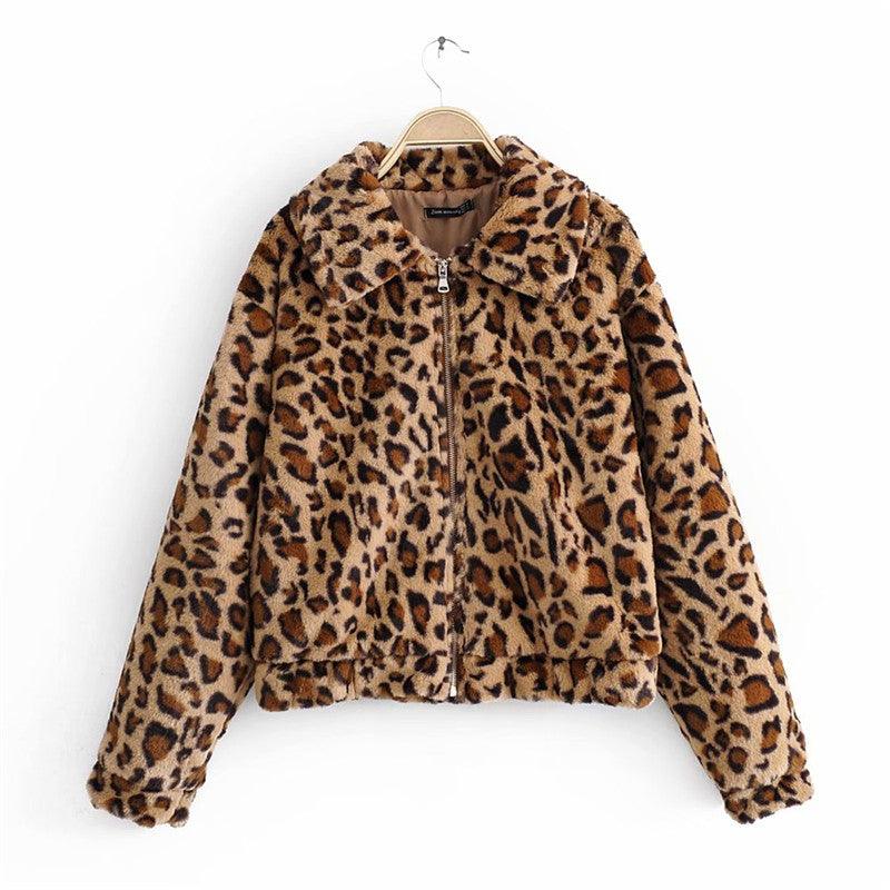 Vintage Leopard Print Lapel Zipper Slim Fit Faux Fur Cotton Jacket - Trendha
