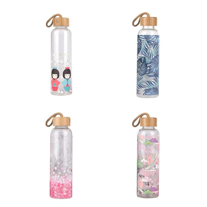 Colorful Print Glass Water Bottle with Bamboo Lid - Trendha