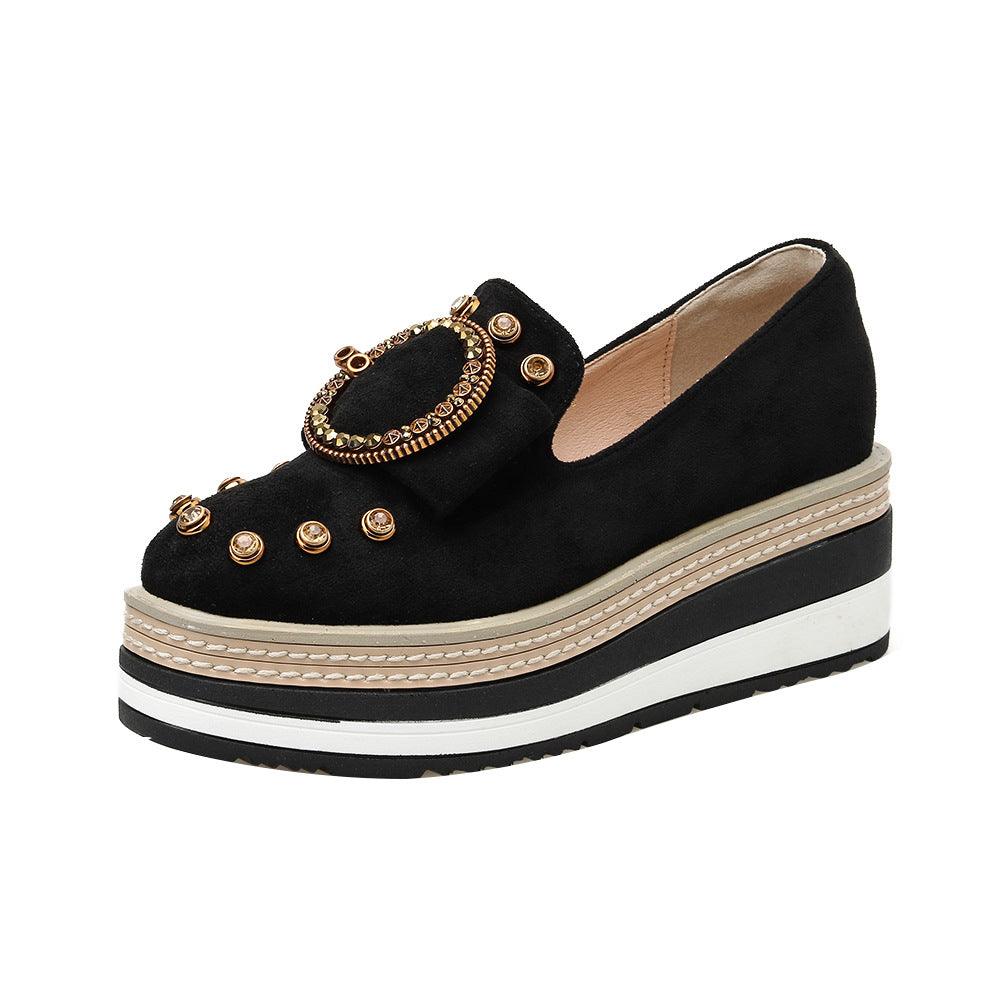 Rhinestone Striped Platform Platform Shoes Round Toe Metal Buckle Wedge Shoes - Trendha